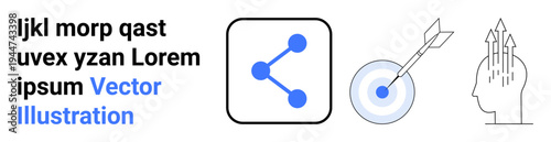 Networking, goal setting, brainstorming, communication, innovation, business strategy. Abstract visual elements including a share icon, dartboard with arrow and brainstorming head. Networking