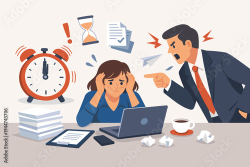 Stressed Business Woman Overwhelmed by Deadlines and Angry Boss Shouting at Desk. Flat Vector Illustration of Workplace Pressure, Burnout, and Toxic Office Environment with Alarm Clock and Papers.