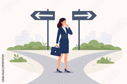 Professional businesswoman standing at a fork in the road with directional signs, making a strategic career choice or life decision. Vector illustration of a woman choosing her future path.