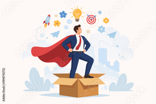 Superhero Businessman Standing in a Cardboard Box Thinking Outside the Box Concept with Lightbulb Rocket Target and Gears Icons for Innovation Corporate Leadership Success and Creative Problem Solving