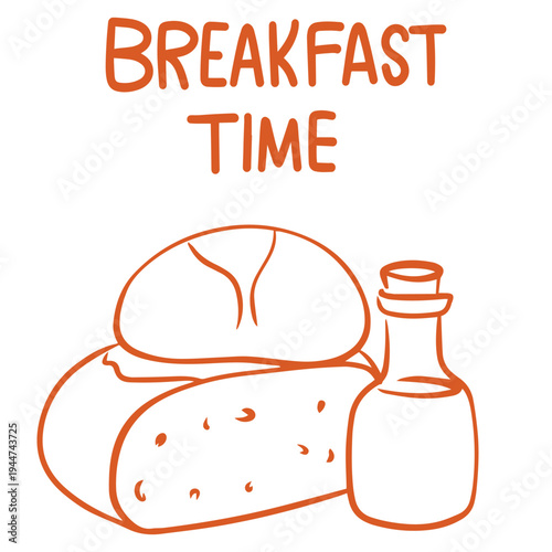 Bread breakfast hand drawn doodle with loaf bun and oil bottle bakery illustration