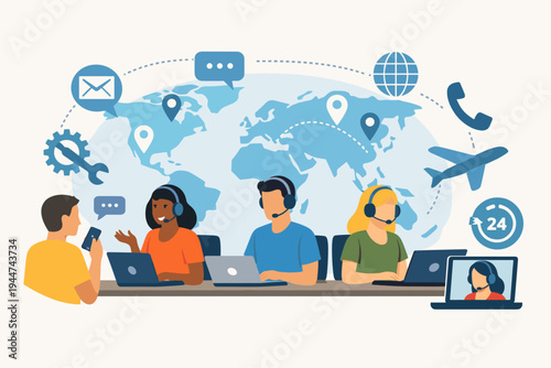 Global Customer Service Center Illustration with Diverse Support Agents Wearing Headsets and Working on Laptops Against a World Map Background with Communication, Technical Support, and Travel Icons.