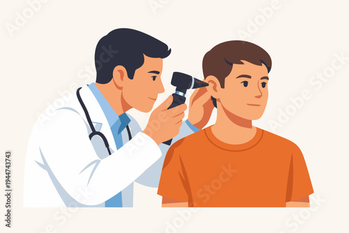Vector Illustration of a Professional Doctor Examining a Young Male Patient's Ear Using an Otoscope During a Medical Checkup, ENT Specialist Performing Ear Inspection and Clinical Hearing Exam.