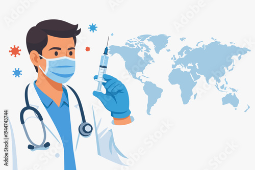 Male doctor in medical mask and gloves holding a syringe with COVID-19 vaccine against a world map background, representing global immunization efforts, pandemic prevention, and healthcare safety.