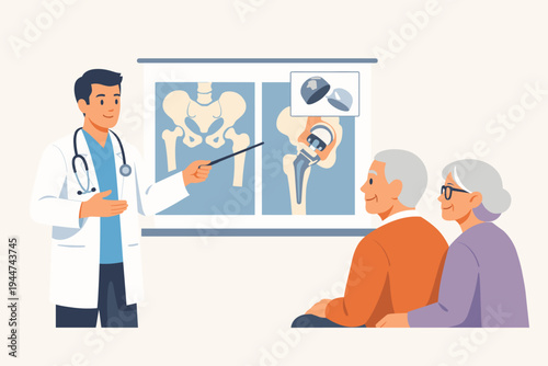 Male doctor explaining hip replacement surgery to an elderly couple using a medical diagram of a pelvis and prosthetic joint, orthopedic surgeon consulting senior patients in a clinic, flat vector.