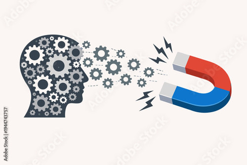 Conceptual Vector Illustration of a Human Head Silhouette Filled with Gears Being Attracted and Pulled Out by a Large Horseshoe Magnet, Symbolizing Influence, Manipulation, and Mental Process.