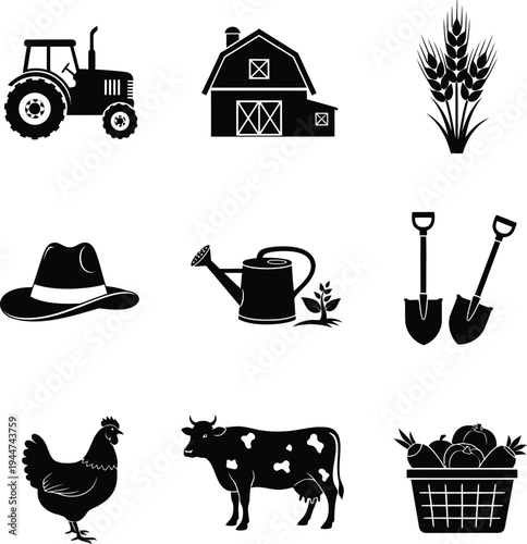 Farming and Agriculture Icons with Tractor, Barn, and Animals farm, tractor, barn, wheat, cowboy hat