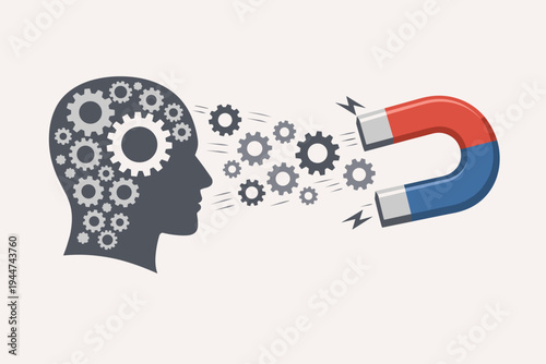 Conceptual vector illustration of a human head with gears being pulled out by a magnet, symbolizing brain drain, intellectual property theft, loss of ideas, and talent attraction in business.