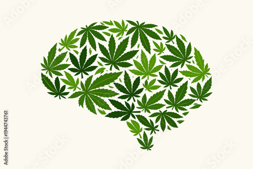 Human Brain Shape Made of Green Marijuana Leaves Vector Illustration, Concept of Medical Cannabis Effects on Mental Health, Neurology, Psychology, and Drug Legalization for Healthcare and Wellness