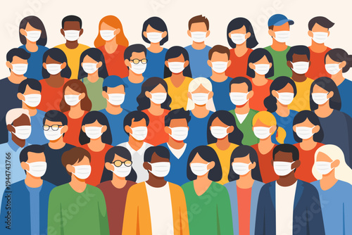 Vector Illustration of a Large Diverse Crowd of People Wearing White Protective Face Masks for Health and Safety During a Pandemic, Simple Flat Design Style for Social Distancing Awareness
