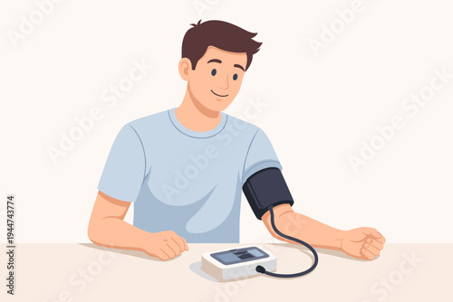 Vector illustration of a young man sitting at a table and checking his arterial blood pressure with a digital tonometer. Concept of healthcare, hypertension prevention, and medical self-checkup.