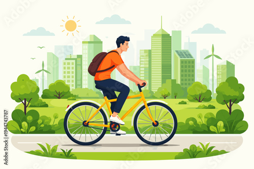 Eco-friendly urban transportation vector illustration of a man riding a yellow bicycle through a sustainable green city with wind turbines, solar panels, and lush parks for a healthy lifestyle.
