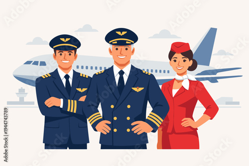 Professional airline crew illustration featuring a captain, pilot, and flight attendant in uniform standing confidently in front of a commercial airplane at an airport runway, flat vector.