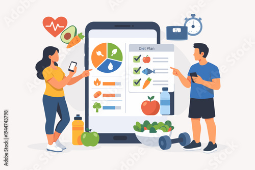 Flat vector illustration of a man and woman using a mobile app for diet planning and nutrition tracking. Features healthy food icons, a dumbbell, heart rate, and a checklist for a balanced diet.