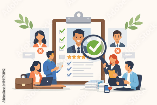 Human Resources Team Selecting Best Candidate for Job Vacancy, Recruitment Process with Resumes, Checklist, and Magnifying Glass, Hiring New Employee and Career Growth Flat Vector Illustration