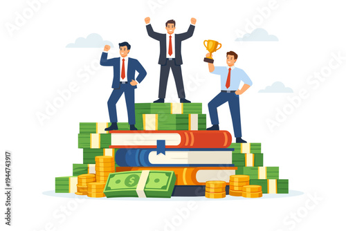 Successful Businessmen Celebrating Achievement Standing on a Pile of Money Cash and Books Holding a Gold Trophy Vector Illustration for Financial Growth Wealth Education and Career Success.