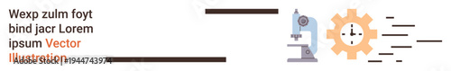 Scientific research, technology innovation, process optimization, data analysis, education, industrial development. Microscope and cogwheel with motion lines. Research and technology innovation