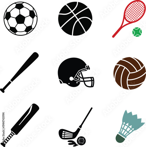 Sports equipment icons including soccer ball, basketball, tennis racket, and baseball bat