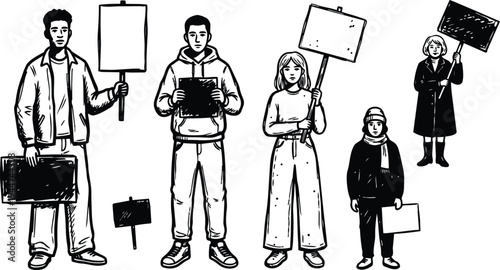 Line art protest scene with diverse people holding blank placards front view ink vector monochrome sketch social activism street assembly