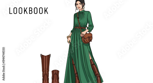 Fashion lookbook illustration of a woman in a stylish green dress and brown leather boots.