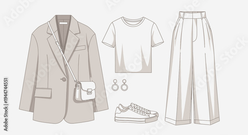 Minimalist capsule wardrobe with beige blazer white tshirt and wide leg trousers illustration