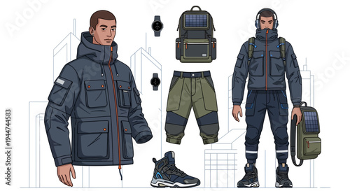 Modern male character illustration wearing urban techwear and functional outdoor gear