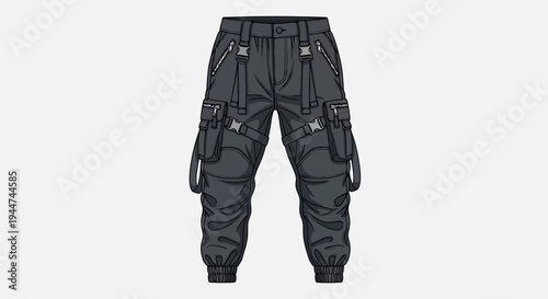 Black tactical cargo pants with multiple pockets and straps on white background