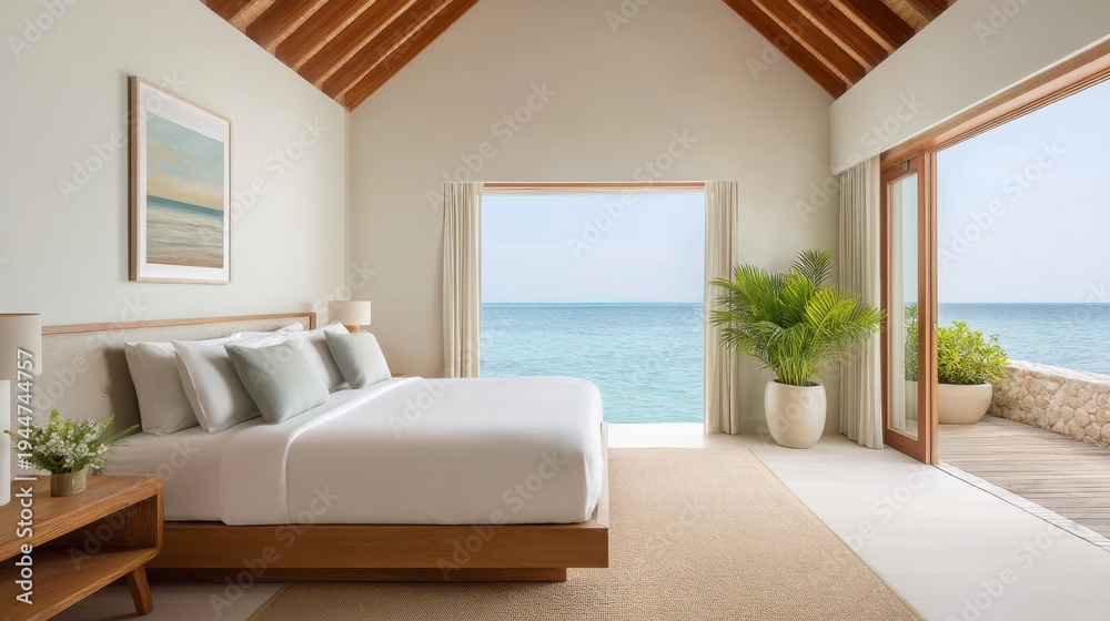 Fototapeta premium Serene Modern Bedroom Overlooking Calm Sea with Natural Light and Minimalist Decor