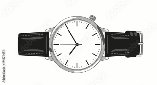 Classic analog wristwatch with black leather strap on a white background.