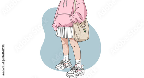 Stylish young girl in casual pink hoodie, pleated skirt, and chunky sneakers.
