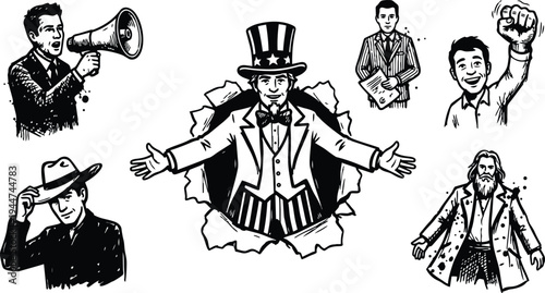 Vintage engraved style uncle sam bursting through paper surrounded by political characters megaphone cowboy businessman cheering fist smiling formal suit