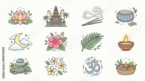 A collection of hand-drawn icons representing Balinese culture, spirituality, nature, and relaxation elements.