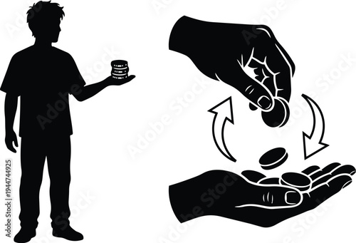 Flat design silhouette of young man holding stacked coins and two hands exchanging coins palm up close up low angle