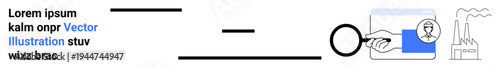 Time management, productivity, industry, identification, processes, resource analysis. Hand with magnifying glass, hourglass ID card factory symbols. Time management and productivity concepts