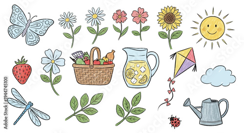 A vibrant collection of hand-drawn spring and summer elements including butterflies, flowers, sun, picnic basket, lemonade, and garden tools.