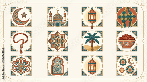 A collection of twelve decorative Islamic-themed icons featuring symbols like the crescent moon, mosque, lanterns, dates, prayer beads, and geometric patterns, set in a traditional style.