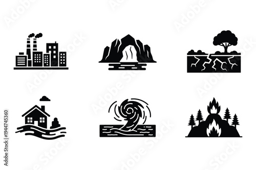 Environmental disaster icons: pollution, earthquake, flood