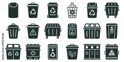 recycling and trash bin icon set, waste containers for garbage disposal, plastic paper and glass sorting symbols isolated on transparent background