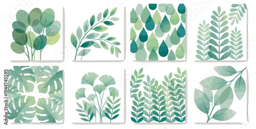 botanical leaf vector set with abstract green foliage plants and decorative nature backgrounds isolated on transparent background