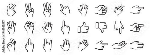 hand gesture outline icon set with pointing fingers, thumbs up, thumbs down and communication symbols isolated on transparent background