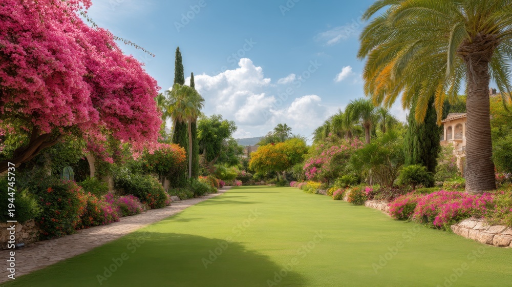 Fototapeta premium Vibrant Garden Pathway with Colorful Flowers and Lush Palm Trees Under a Bright Blue Sky