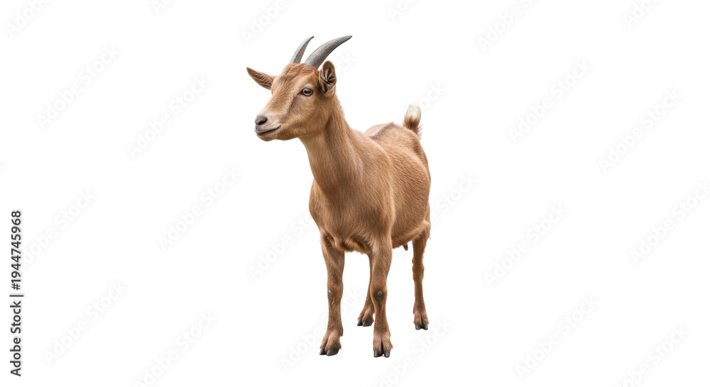 Fototapeta premium Brown goat standing isolated PNG on transparent background, domestic animal with horns for farm and livestock concepts