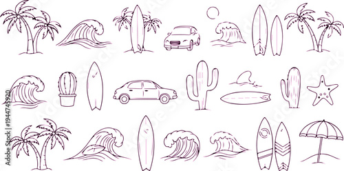 A collection of various tropical island and mountain illustrations