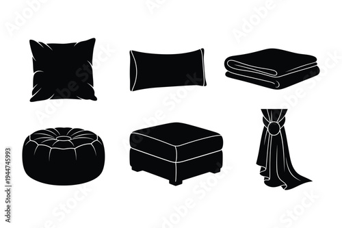 Black silhouettes of home furnishings and linens