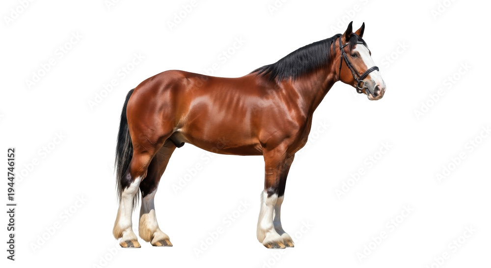 Fototapeta premium Majestic Clydesdale horse PNG isolated on transparent background, powerful draft horse with feathered legs for equine design projects