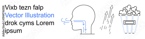 Health education, breathing process, air circulation, minimalist design, snacks, respiratory system. Diagram showing airflow in head, rising arrows and popcorn. Health education and breathing
