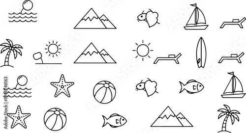 A collection of various summer vacation icons and symbols in black and white