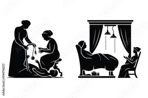 Ancient midwifery and birth scene silhouettes