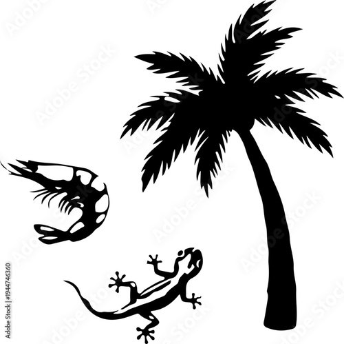 A black silhouette of a tropical scene with a palm tree and two lizards