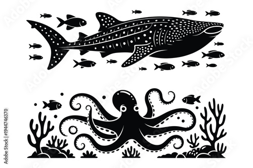 Whale shark and octopus with fish silhouettes